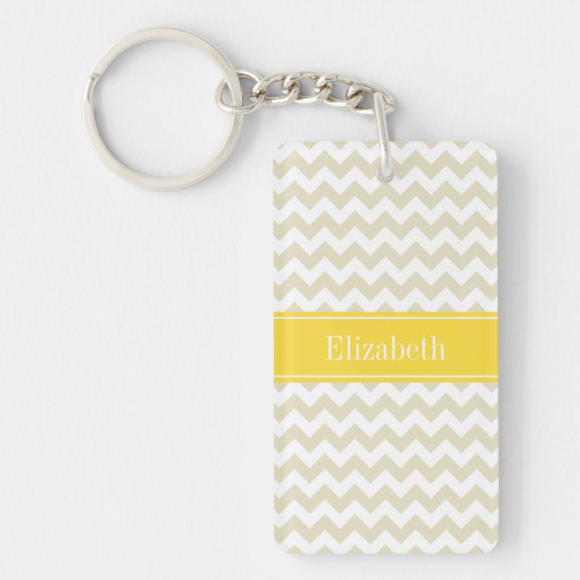 Sand Beige White Chevron Pineapple Name Monogram Keychain (Front)