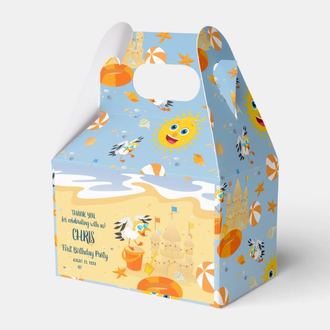 Sand castle beach fun baby boy birthday party favor boxes (Front Side)