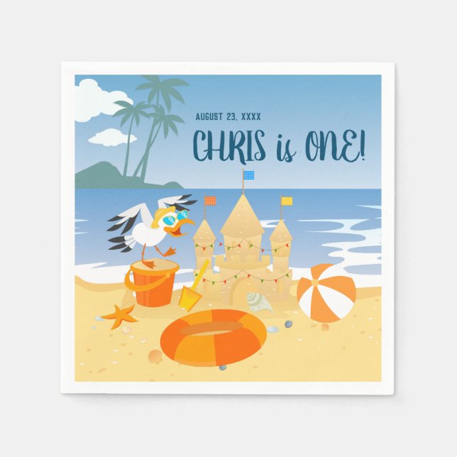 Sand castle beach fun baby boy birthday party napkins (Front)