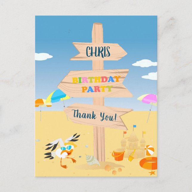 Sand castle beach fun baby boy birthday party postcard (Front)