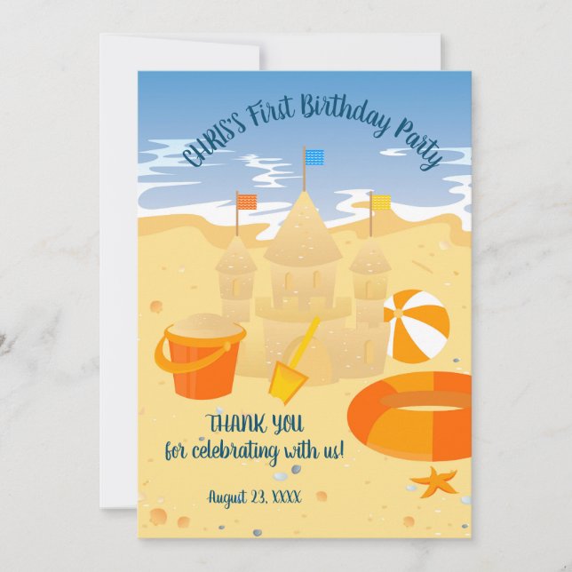 Sand castle beach fun baby boy birthday party thank you card (Front)