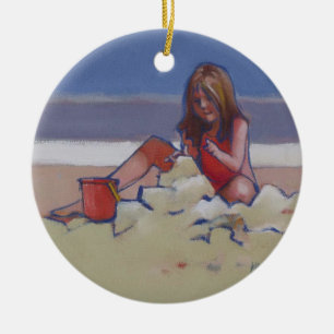 Sand Child Cute little girl playing on beach Ceramic Ornament