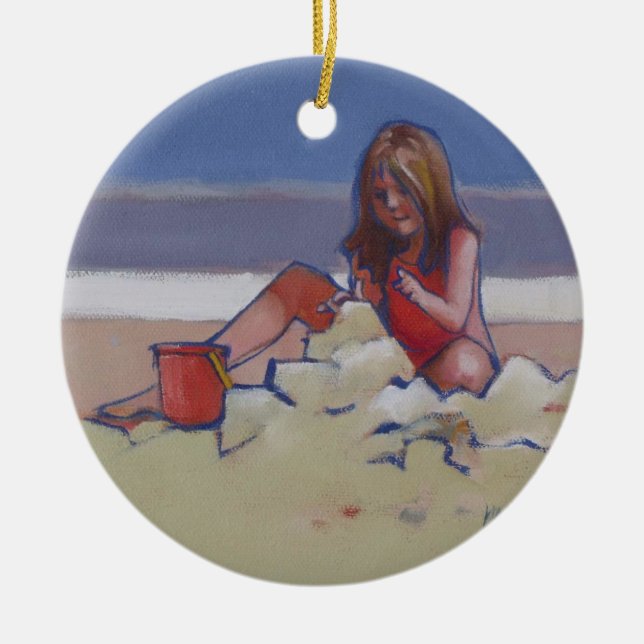 Sand Child Cute little girl playing on beach Ceramic Ornament (Front)