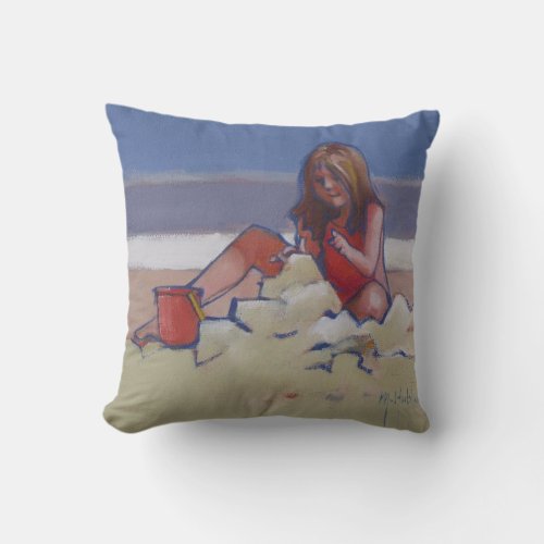 Sand Child Cute little girl playing on beach Throw Pillow