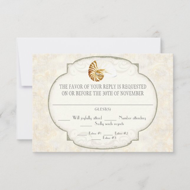 Sand Damask Nautilus Shell Ocean Beach Nautical RSVP Card (Front)