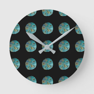 Sand Dollar Abstract Pattern Gift Favor Teal Black Round Clock