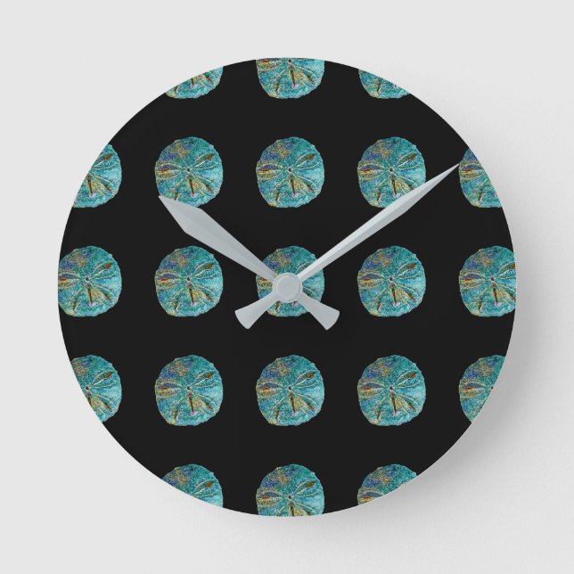Sand Dollar Abstract Pattern Gift Favor Teal Black Round Clock (Front)