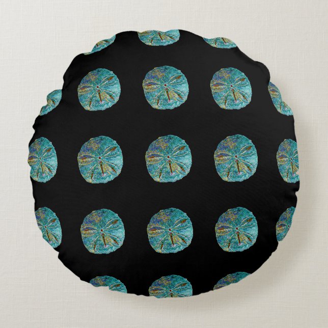 Sand Dollar Abstract Pattern Gift Favor Teal Black Round Pillow (Front)