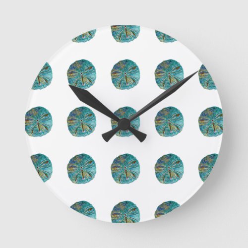Sand Dollar Abstract Pattern Gift Favor Teal White Round Clock