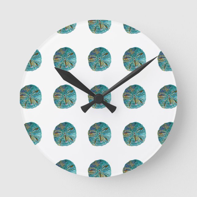 Sand Dollar Abstract Pattern Gift Favor Teal White Round Clock (Front)
