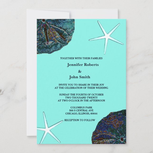 Sand Dollar Abstract Sea Shells Teal Beach Wedding Invitation (Front)