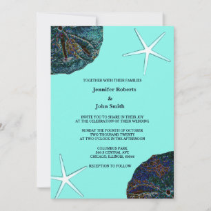 Sand Dollar Abstract Sea Shells Teal Beach Wedding Invitation