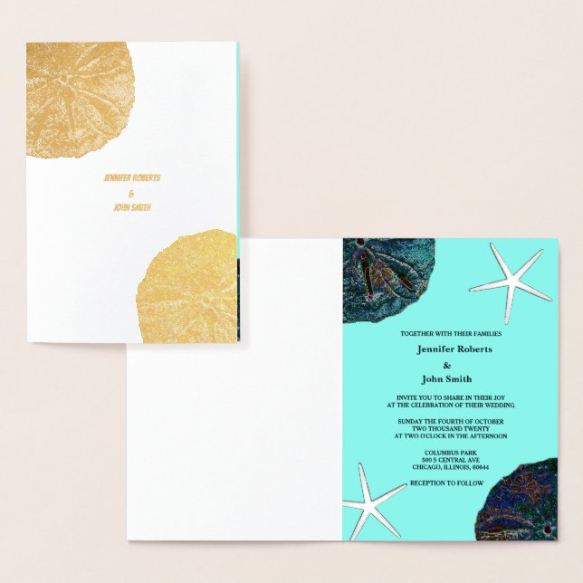Sand Dollar Abstract Seashells Teal Beach Wedding Foil Card (Display)