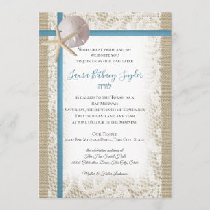 Sand Dollar and Lace Blue Bat Mitzvah Invitation