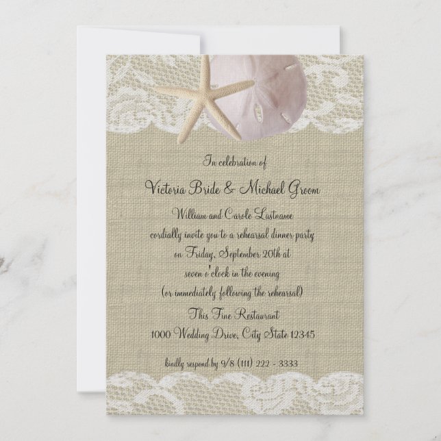 Sand Dollar and Lace Rehearsal Dinner Invitation (Front)