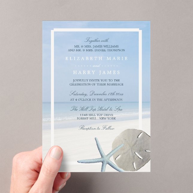 Sand Dollar and Starfish Beach Wedding Acrylic Invitations (Insitu (Handheld))
