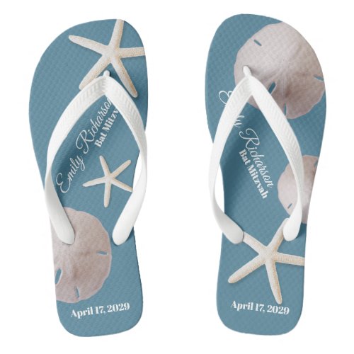 Sand Dollar and Starfish Beach with Name and Date Flip Flops