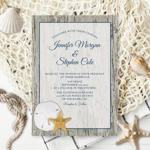 Sand Dollar and Starfish Rustic Driftwood Wedding Invitation