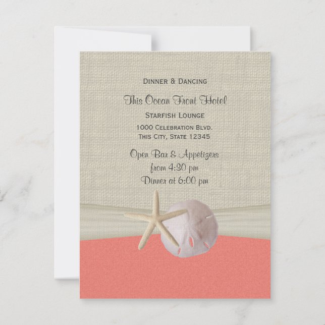 Sand Dollar and Starfish Shell Coral Reception Invitation (Back)