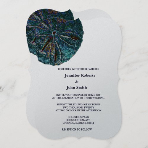 Sand Dollar Art Abstract Beach Wedding Blue Silver Invitation