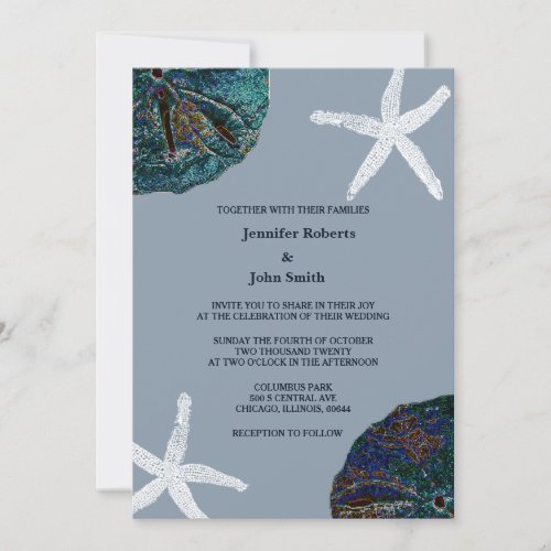 Sand Dollar Art Seashell Dusty Blue Beach Wedding Invitation