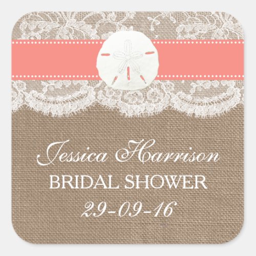 Sand Dollar Beach Bridal Shower _ Coral Square Sticker