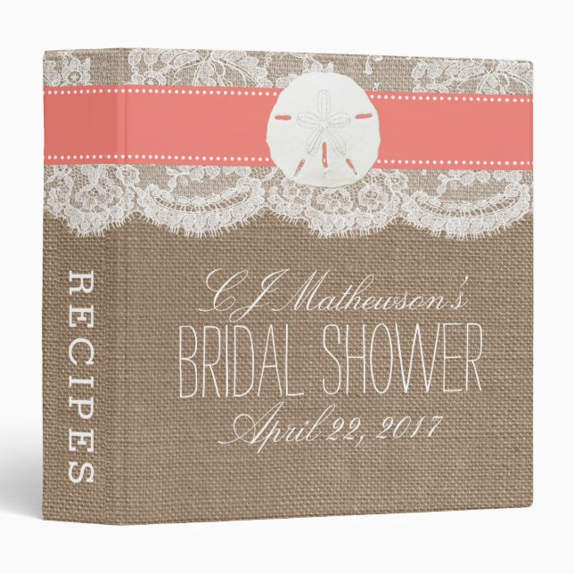 Sand Dollar Beach Bridal Shower Recipe - Coral Binder (Front/Spine)