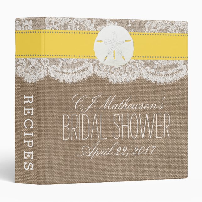 Sand Dollar Beach Bridal Shower Recipe - Yellow 3 Ring Binder (Front/Spine)