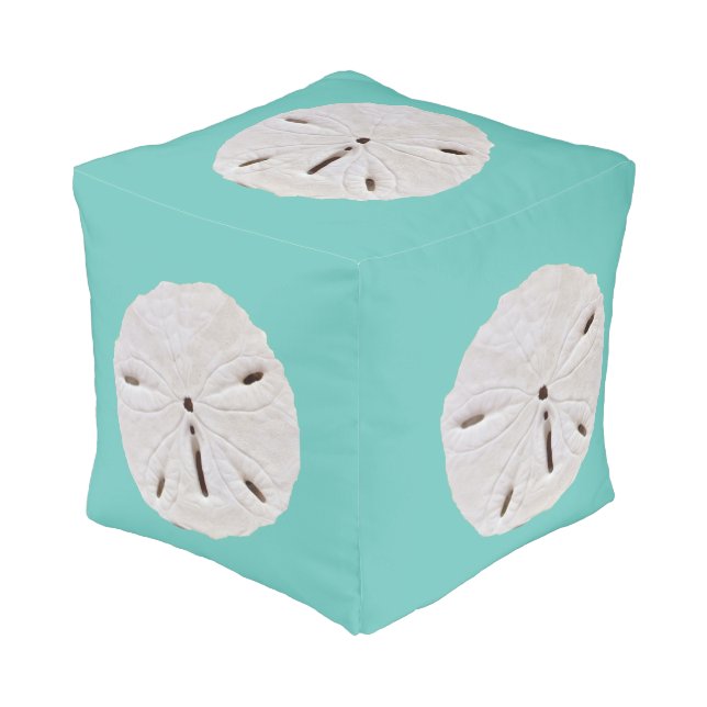 Sand Dollar Beach Coastal Seashells Teal Blue Pouf (Angled Front)