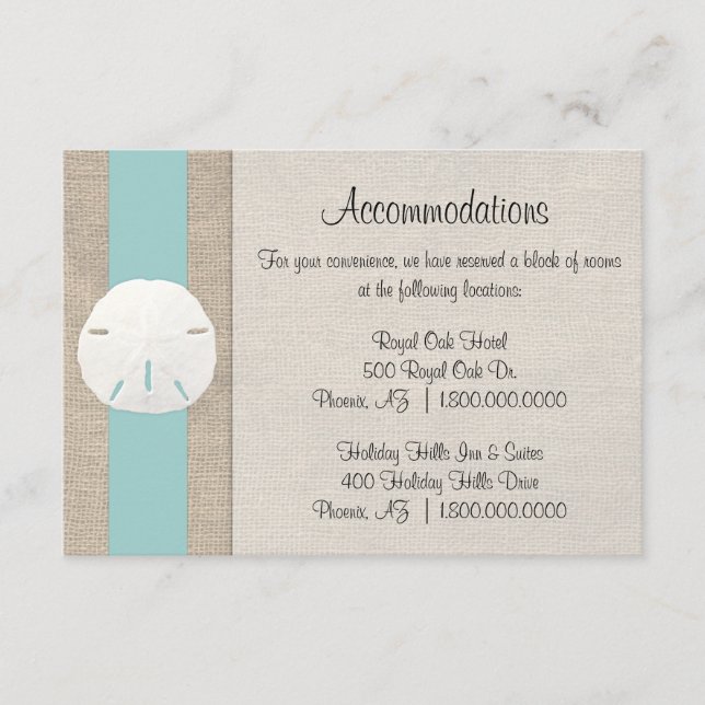 Sand Dollar Beach Wedding Accommodation Card (Front)