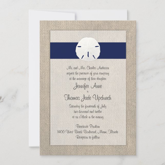 Sand Dollar Beach Wedding Invitation Navy Blue (Front)