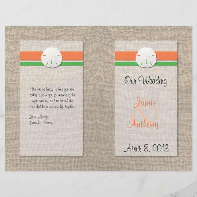 Sand Dollar Beach Wedding Program - Orange & Green (Front)