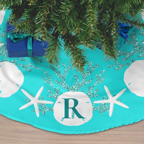 Sand Dollar Christmas Aqua Blue Monogram Brushed Polyester Tree Skirt