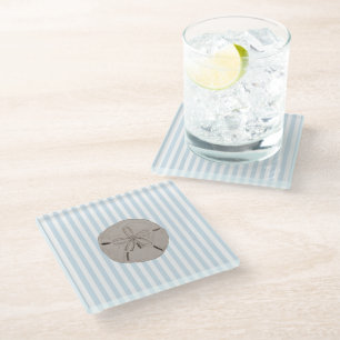 Sand Dollar Coastal Painting Nautical Stripe  Glass Coaster