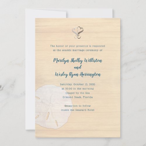 Sand Dollar Hearts Wood Beach Ceremony Wedding Invitation