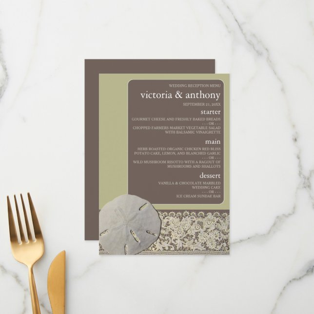 Sand dollar Lace, Vintage Beach Wedding Menu (Front/Back In Situ)