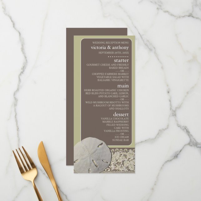 Sand dollar Lace, Vintage Beach Wedding Menu (Front/Back In Situ)