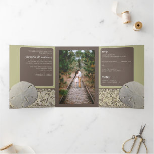 Sand dollar Lace, Vintage Beach Wedding Tri-Fold Invitation
