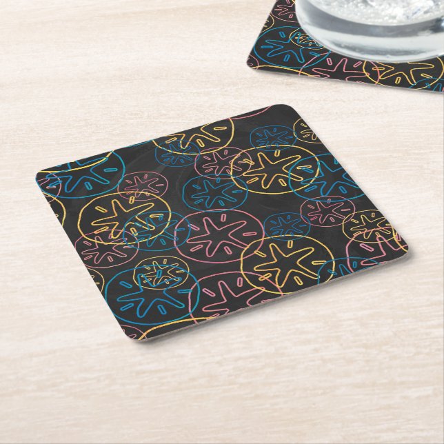 Sand Dollar Lines Red Yellow Blue Square Paper Coaster (Angled)