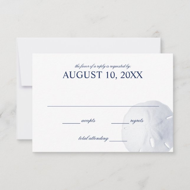 Sand Dollar Navy Blue Wedding RSVP (Front)