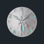Sand dollar ocean beach white turquoise  round clock<br><div class="desc">A beach sand dollar in white and turquoise.  Perfect for a beach themed home decor. Numbers are optional.</div>