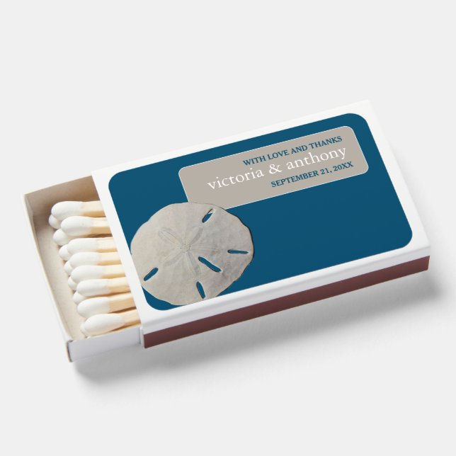 Sand dollar, Ocean Blue Beach Wedding Matchboxes (Front Open)