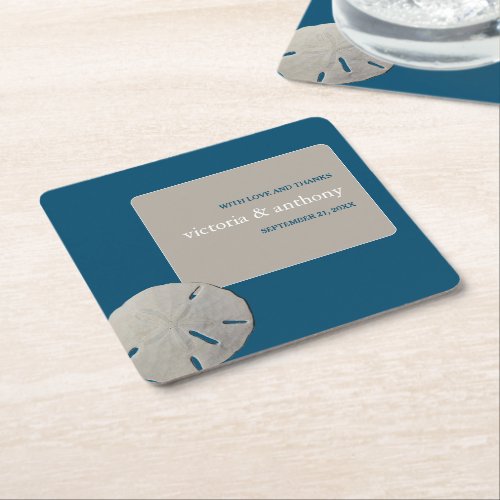 Sand dollar Ocean Blue Beach Wedding Square Paper Coaster