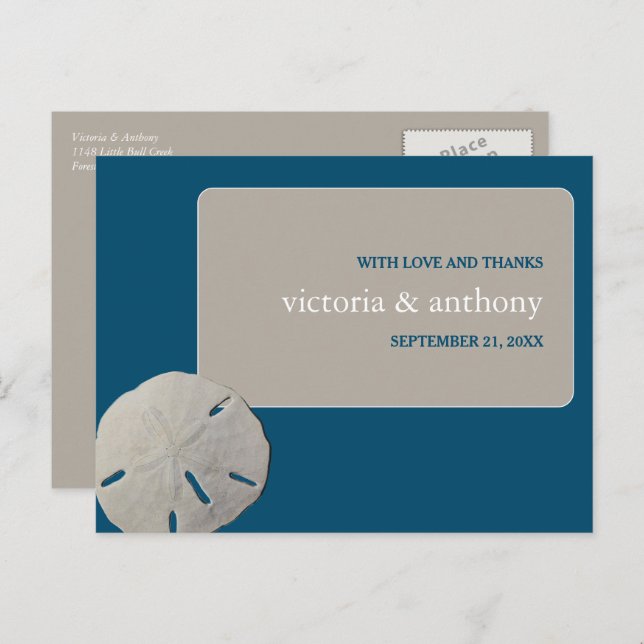 Sand dollar, Ocean Blue Beach Wedding Thank You Postcard (Front/Back)