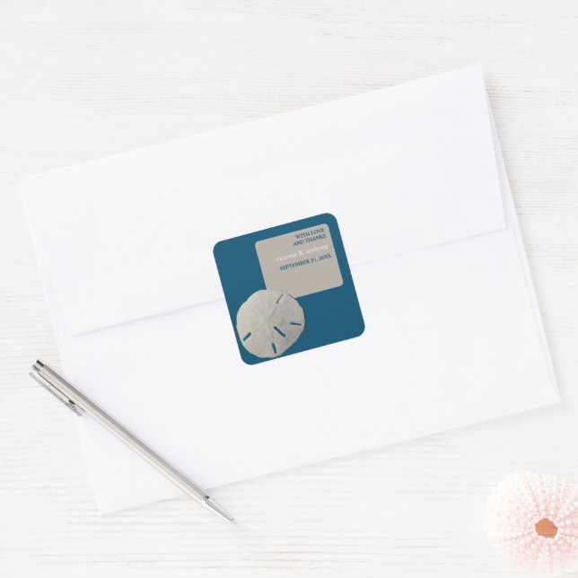 Sand dollar, Ocean Blue Beach Wedding Thank You Square Sticker (Envelope)