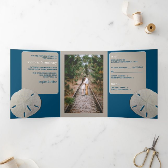 Sand dollar, Ocean Blue Beach Wedding Tri-Fold Invitation (Inside)