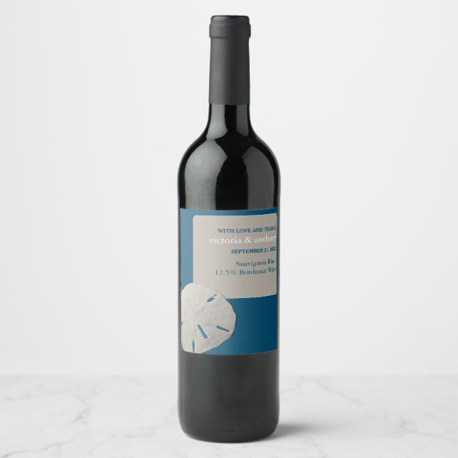Sand dollar, Ocean Blue Beach Wedding Wine Label (Front)