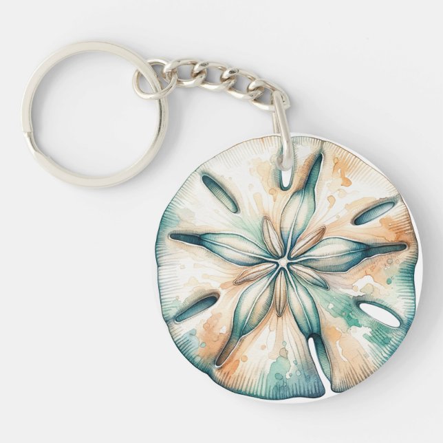 Sand Dollar Ocean Splash Sea Watercolor Wedding Keychain (Front)