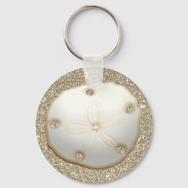 Sand dollar on sparkly gold beach sand keychain (Front)