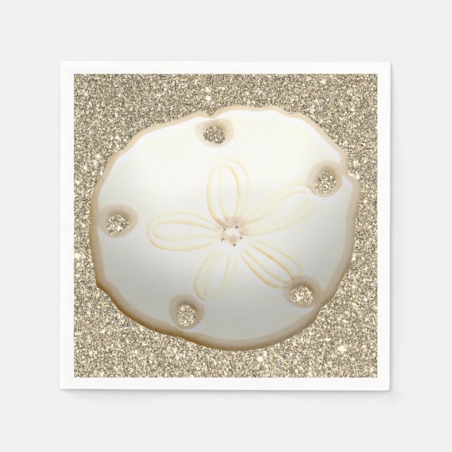Sand dollar on sparkly gold beach sand napkins (Front)